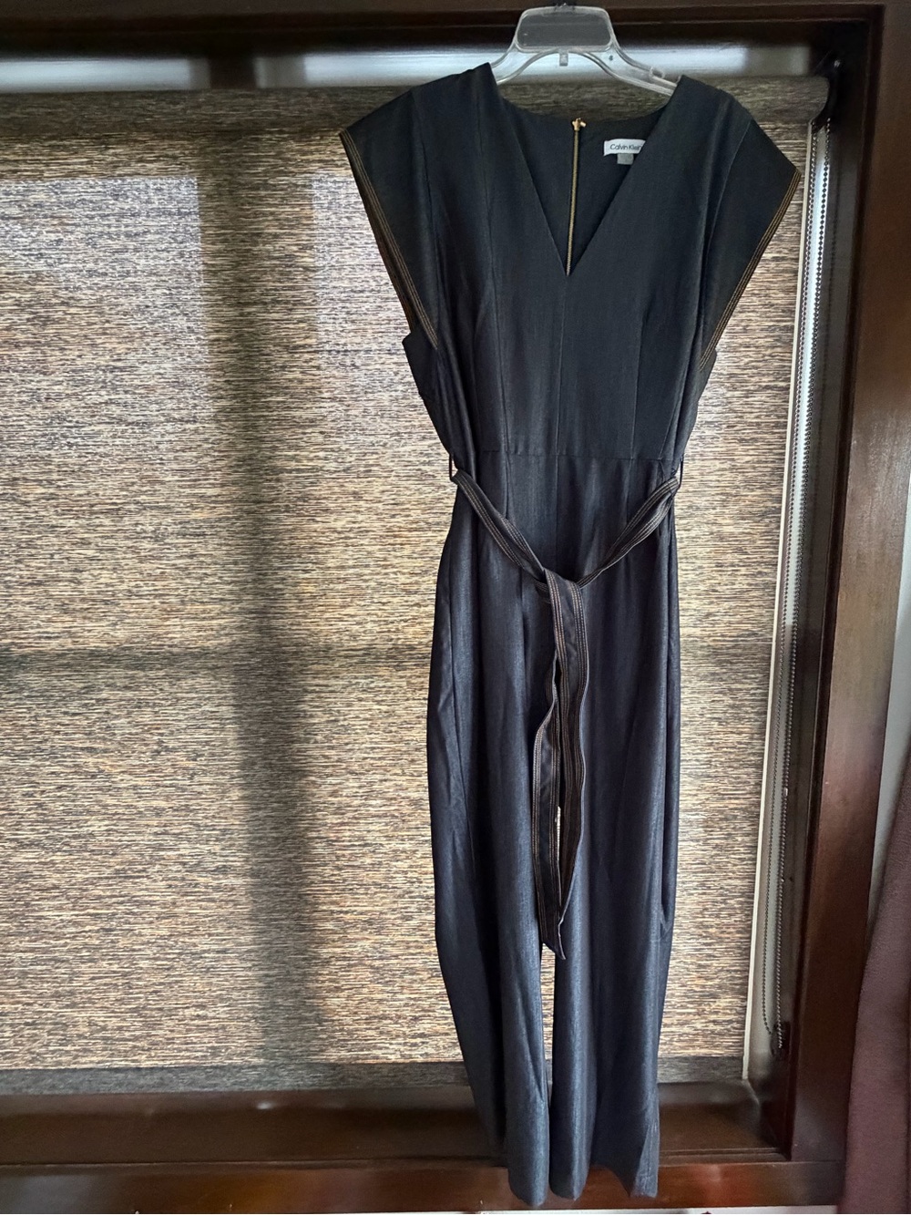 Calvin Klein Dark Black V-Neck Jumpsuit with Waist Tie